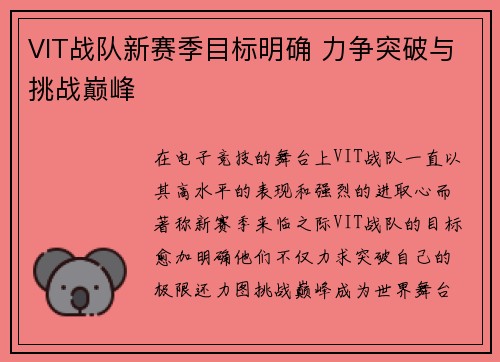 VIT战队新赛季目标明确 力争突破与挑战巅峰