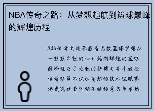 NBA传奇之路：从梦想起航到篮球巅峰的辉煌历程