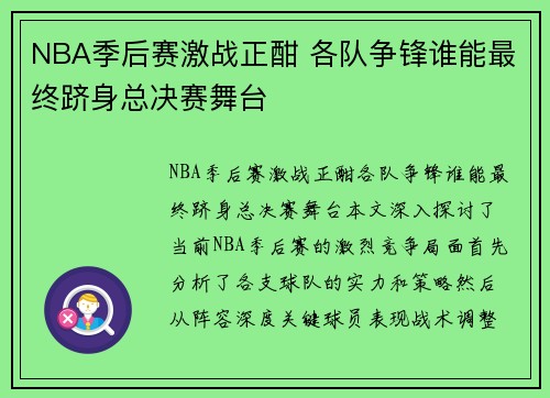 NBA季后赛激战正酣 各队争锋谁能最终跻身总决赛舞台
